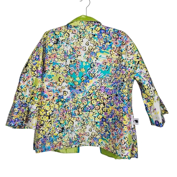 Green Floral Blazer with Lime Trim and Open Front - Picture 5 of 7